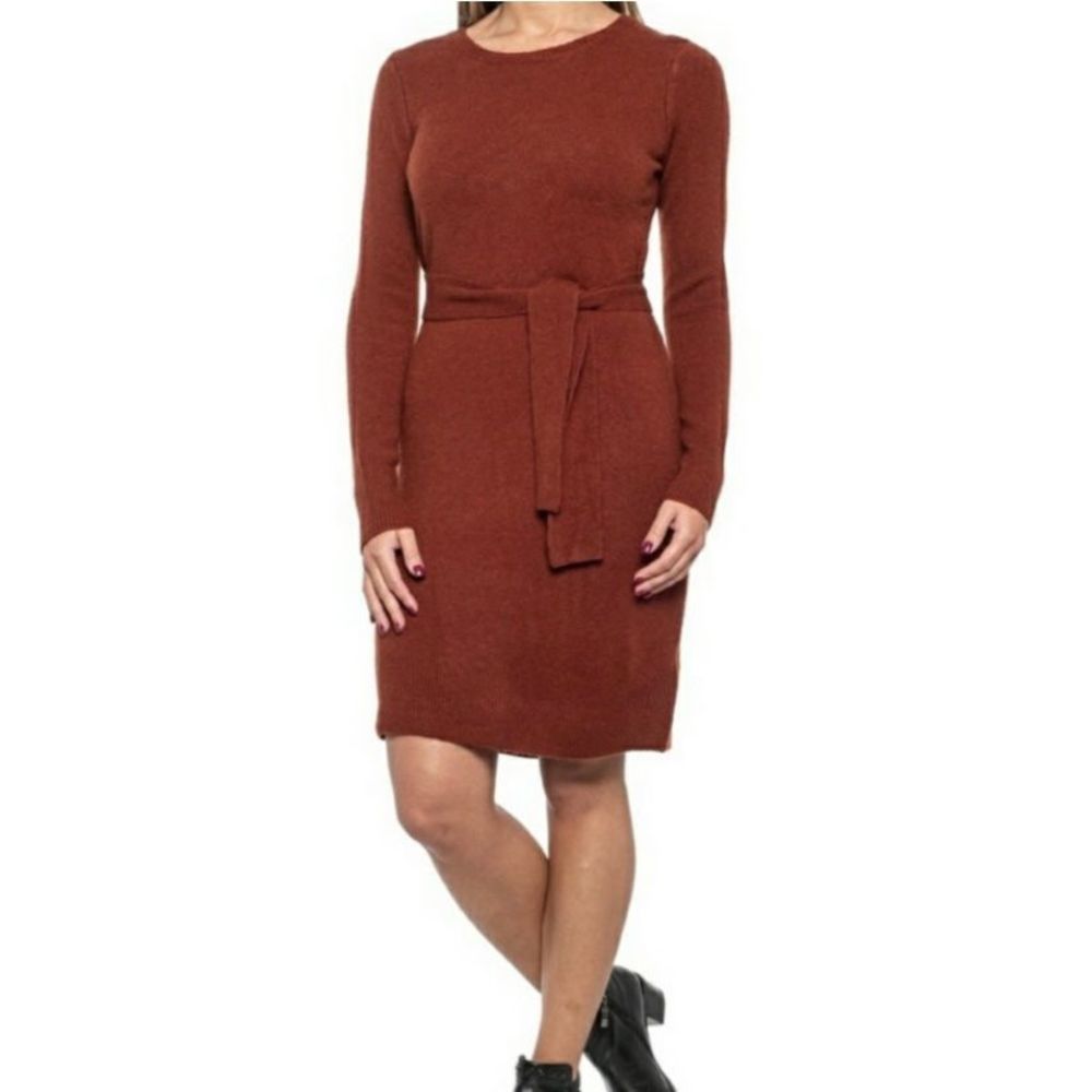 Rachel Zoe Redwood Rust Belted Sweater Dress Merino Wool Blend L NWOT
